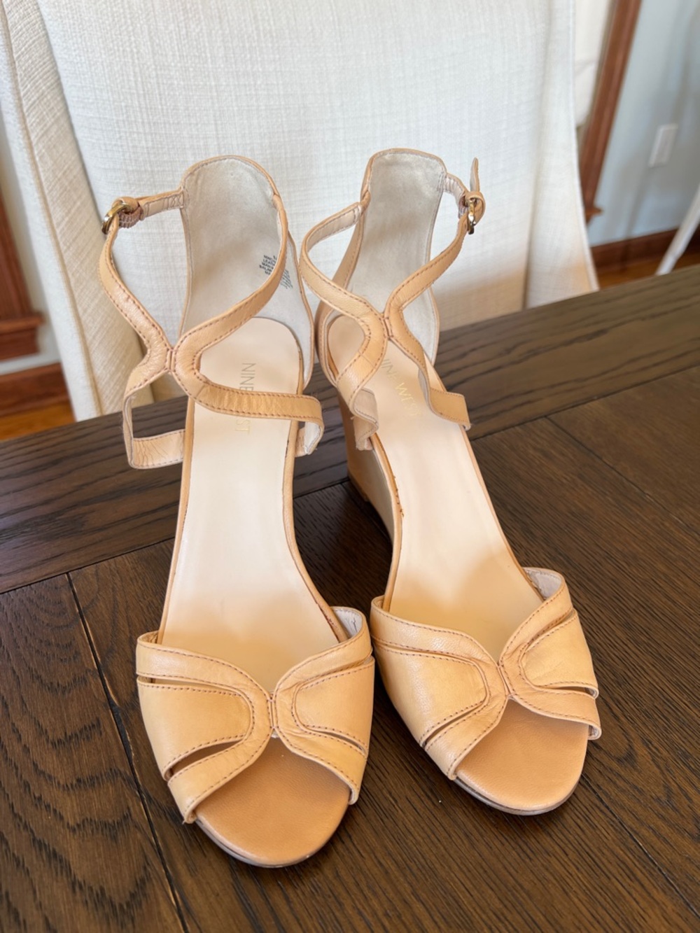 Nine West Tan Leather Wedge Sandals - Strappy Ankle Buckle - Size 8.5 - Picture 2 of 6